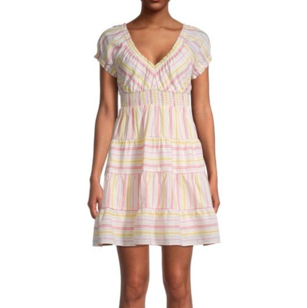 Betsey Johnson Striped V-Neck Puff Sleeve Short Sleeve Tiered Dress Sz M